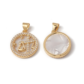 Rack Plating Brass Shell Pendants, with Cubic Zirconia & Natural Shell, Flat Round with Constellation Charms, Cadmium Free & Lead Free, Long-Lasting Plated, Real 18K Gold Plated, Libra, 19x16x3mm, Hole: 4x3.5mm