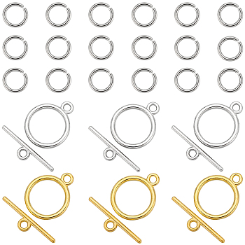 60Pcs 2 Colors Tibetan Style Alloy Toggle Clasps, Flat Round, with 200Pcs 304 Stainless Steel Jump Rings, Platinum & Golden, Flat Round: 15x2mm, Hole: 2mm, Bar: 21mm, Hole: 2mm, 30pcs/color