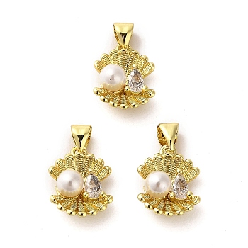 Rack Plating Real 18K Gold Plated Brass Pendants, with Cubic Zirconia & Plastic Imitation Pearl, Long-Lasting Plated, Lead Free & Cadmium Free, Shell, Seashell Color, 14x11x6mm, Hole: 5x3.5mm