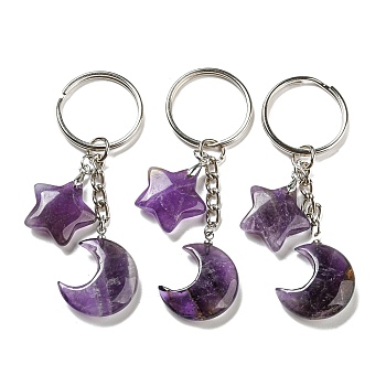 Reiki Natural Amethyst Moon & Star Pendant Keychains, with Iron Keychain Rings, 7.8cm