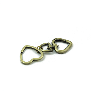 Heart Alloy Split Key Rings, Keychain Clasp Findings, Brushed Antique Bronze, 77x2.8~4.3mm, top: 46mm long, inner diameter: 20mm, inner diameter(p): 24x25mm