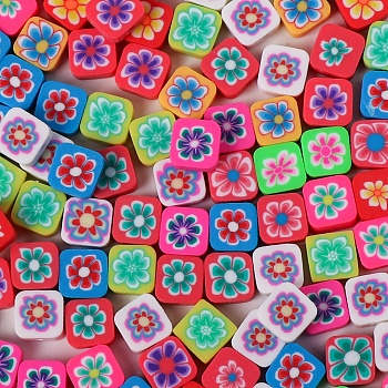 Handmade Polymer Clay Beads, for DIY Jewelry Crafts Supplies, Square with Flower, Mixed Color, 10x10x4mm, Hole: 2mm