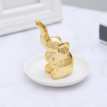 Ceramics Round Tray with Plating Elephant, Jewelry Candy Dish Decorative Tray for Keys Home Office Hotel Decoration, Golden, 100x95mm