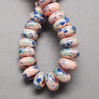 Handmade Porcelain European Beads, Large Hole Beads, Pearlized, Rondelle, Pink, 12x9mm