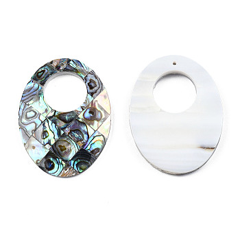 Single-Sided Natural Abalone Shell/Paua Shell Pendants, with Freshwater Shell Back, Oval, Colorful, 40x30x4mm, Hole: 1.4mm