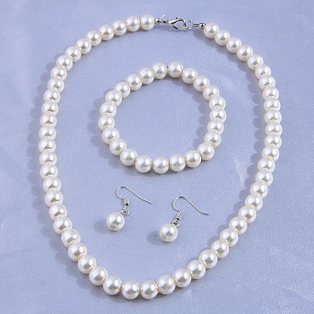 Round Plastic Imitation Pearl Beaded Necklaces & Dangle Earring & Bracelets Sets, Alloy Jewelry Sets for Women, White, 400mm