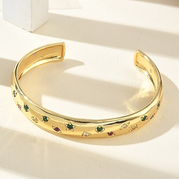 Brass Micro Pave Cubic Zirconia Cuff Bangles for Women, Cadmium Free & Lead Free, Long-Lasting Plated, Rack Plating, Real 18K Gold Plated, Inner Diameter: 2.28 inch(5.8cm)