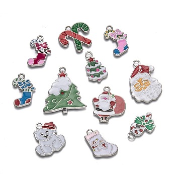 Alloy Enamel Pendants, for Christmas Day, Mixed Shapes, Mixed Color, 22~50x11.5~36x1.5~2mm, Hole: 2~4mm