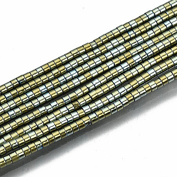 Electroplate Non-magnetic Synthetic Hematite Beads Strands, Column, Yellow Green, 1.5x1mm, Hole: 0.5mm, about 377~383pcs/strand, 15.75 inch~15.94 inch(40cm~40.5cm)