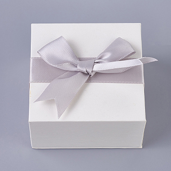 Cardboard Jewelry Boxes, Square, with Sponge, Velours and Ribbon Bowknot, White, 7.6x7.6x4.3cm