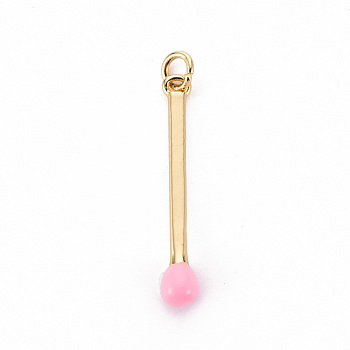 Brass Enamel Pendants, with Jump Ring, Cadmium Free & Nickel Free & Lead Free, Match, Real 16K Gold Plated, Pearl Pink, 30x4.5mm, Jump Ring: 5x1mm, 3mm inner diameter