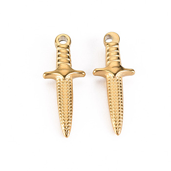304 Stainless Steel Pendants, Dagger, Real 14K Gold Plated, 24x9x4mm, Hole: 1.4mm