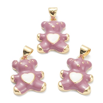 Brass Enamel Pendants, Real 18K Gold Plated, Long-Lasting Plated, Bear with Heart, Old Rose, 18x13.5x4mm, Hole: 5x3.5mm