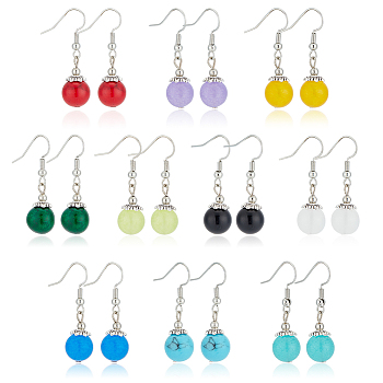 10 Pairs 10 Style Natural & Synthetic Mixed Gemstone Round Beaded Dangle Earrings, Platinum Plated Brass Jewelry for Women, 35.5mm, Pin: 0.8mm, 1 Pair/style