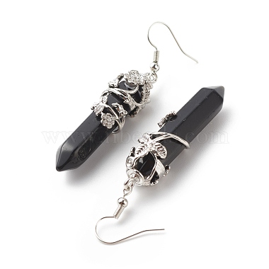 Natural Obsidian Bullet with Flower Dangle Earrings(EJEW-G300-02P-06)-3