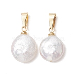 Natural Baroque Pearl Keshi Pearl Pendants, Flat Round Charms withh 304 Stainless Steel Snap on Bails, Antique White, Golden, 15.5~16x11x5mm, Hole: 5.5x2.5mm(PALLOY-JF05373)