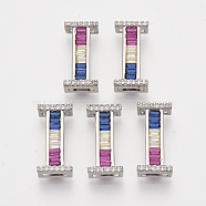 Brass Cubic Zirconia Slide Charms, Real Platinum Plated, Colorful, Letter, Letter.I, 18.5x8.5x5mm, Hole: 1.5x4mm and 1.5x6.5mm(ZIRC-S063-01I-P)