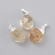 Natural Citrine Pendants, with Brass Bails, Faceted, Teardrop, Silver Color Plated, 19~21x12~14x11~15mm, Hole: 5x3mm(X-G-G845-07S-10)