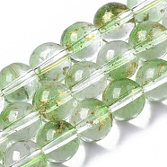 Transparent Spray Painted Glass Bead Strands, with Golden Foil, Round, Lime Green, 8~9mm, Hole: 1.2~1.5mm, about 46~56pcs/Strand, 14.37 inch~16.3 inch(36.5~41.4cm)(X-GLAA-N035-03C-B02)