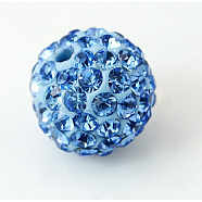 Polymer Clay Rhinestone Beads, Pave Disco Ball Beads, Grade A, Half Drilled, Round, Light Sapphire, PP9(1.5.~1.6mm), 6mm, Hole: 1.2mm(RB-H284-6MM-Half-2)