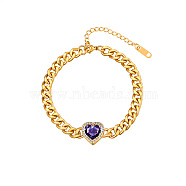 Heart Cubic Zirconia Link Bracelets, with Golden Stainless Steel Cuban Link Chains, Dark Violet, 7-1/8 inch(18cm)(YD9481-2)
