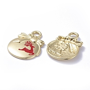 Golden Plated Alloy Enamel Pendants, for Christmas, Bag with Deer, Red, 21x16x1mm, Hole: 3mm(ENAM-D040-E06-G)