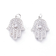 Brass Micro Pave Cubic Zirconia Pendants, with Soldered Jump Rings, Hamsa Hand/Hand of Fatima/Hand of Miriam, Clear, Platinum, 18x12x3mm, Hole: 2.2mm(ZIRC-G156-01P)