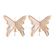 Brass Micro Pave Clear Cubic Zirconia Dangle Stud Earrings Findings, with Natural Shell, for Half Drilled Bead, Nickel Free, Butterfly, Real 18K Gold Plated, 16.5x17mm, Pin: 0.8mm, Pin: 0.7mm(for Half Drilled Beads)(KK-T062-74G-NF)
