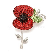 Alloy Brooches, with Rhinestone, Remembrance Poppy Flower Badge, Platinum, 53x40.5x13.5mm, Pin: 0.6mm(JEWB-B001-04P)
