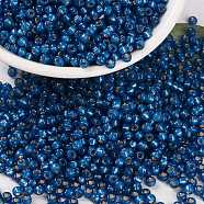 MIYUKI Round Rocailles Beads, Japanese Seed Beads, 8/0, (RR648) Dyed Denim Blue Silverlined Alabaster, 3mm, Hole: 1mm, about 19000~20500pcs/pound(SEED-G008-RR0648)