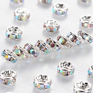 Brass Grade A Rhinestone Spacer Beads, Silver Color Plated, Nickel Free, Crystal AB, 7x3.2mm, Hole: 1.2mm(RSB037NF-02)