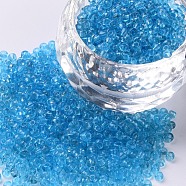 Glass Seed Beads, Transparent, Round, Round Hole, Sky Blue, 12/0, 2mm, Hole: 1mm, about 3333pcs/50g, 50g/bag, 18bags/2pounds(SEED-US0003-2mm-3)