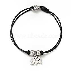 304 Stainless Steel Elephant Charm Bracelet with Waxed Cord for Women, Stainless Steel Color, 7 inch(17.8cm)(BJEW-A125-15)