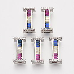 Brass Cubic Zirconia Slide Charms, Real Platinum Plated, Colorful, Letter, Letter.I, 18.5x8.5x5mm, Hole: 1.5x4mm and 1.5x6.5mm(ZIRC-S063-01I-P)