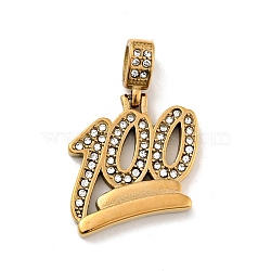 Ion Plating(IP) 304 Stainless Steel Pendants, with Rhinestone, Number 100, Golden, 30x29x4.5mm, Hole: 5.5x8mm(STAS-C053-26G)