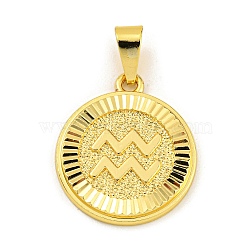 Brass Pendants, Real 18K Gold Plated, Flat Round with Constellations, Aquarius, 24x20.5x2mm, Hole: 8x3.5mm(KK-P263-14G-09)