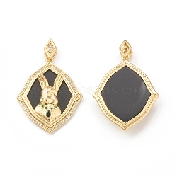 Eco-Friendly Brass Micro Pave Cubic Zirconia Pendants, with Synthetic Black Turquoise, Lead Free & Cadmium Free, Long-Lasting Plated, Rhombus with Rabbit Charm, Real 18K Gold Plated, 32.6x26x6mm, Hole: 2x7mm(KK-I698-13G)
