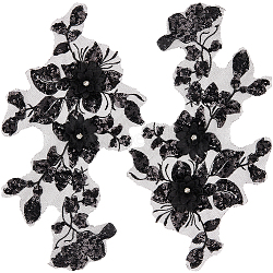 3D Flower Polyester Embroidery Sew on Appliques, with Plastic Sequins, Sewing Craft Decoration for Wedding Dress, Cheongsam, Black, 280x150mm(PATC-WH0012-33A)