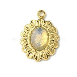 Ion Plating(IP) Real 14K Gold Plated 304 Stainless Steel with Glass Pendant, Oval Flower Charms, Antique White, 18x13x3.5mm, Hole: 1.6mm(FIND-Z028-30G)