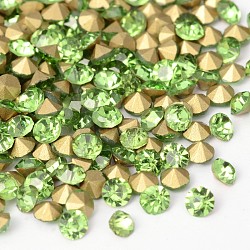 Back Plated Grade A Diamond Glass Pointed Rhinestone, Peridot, 3.4~3.5mm, about 1440pcs/bag(RGLA-SS14-009)