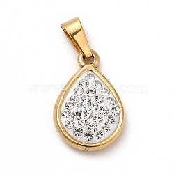 Polymer Clay Rhinestone Pendant, with Vacuum Plating 201 Stainless Steel, Teardrop, Golden, 17x12x4mm, Hole: 5x2.5mm(STAS-P314-03G)