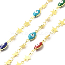 Handmade Enamel Horse Eye with Evil Eye Link Chain, Star Brass Links Chains, Soldered, with Spool, Cadmium Free & Lead Free, Real 18K Gold Plated, Horse Eye: 16x6.5x4mm, Star: 8x7x0.2mm(CHC-I045-15G)