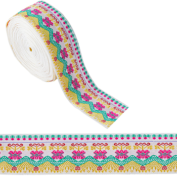 10M Ethnic Style Embroidery Polyester Flower Ribbons, Jacquard Ribbon, Garment Accessories, Flat, White, 1-3/4 inch(45mm), about 10.94 Yards(10m)/Bundle
