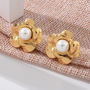 304 Stainless Steel Stud Earrings, with Plastic Imitation Pearl, Flower, Real 18K Gold Plated, 22x19.5mm