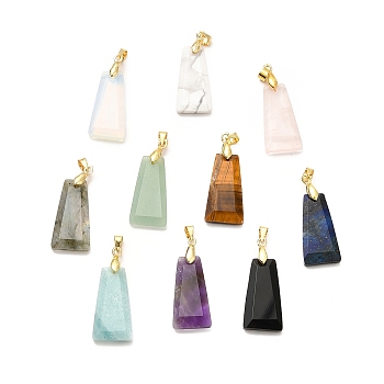 Natural & Synthetic Mixed Gemstone Pendants, Faceted Trapezoid Charms, with Rack Plating Golden Tone Brass Findings, Cadmium Free & Lead Free, 25~26x12.5~13x3.5~4mm, Hole: 5x4mm