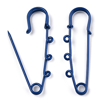 Spray Painted Iron Brooch Findings, Kilt Pins with Triple Loops, Medium Blue, 59x18x6mm, Hole: 2mm