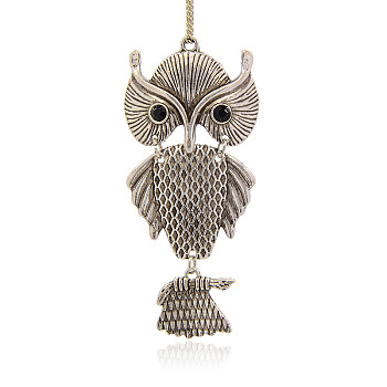 Antique Silver Plated Alloy Rhinestone Large Pendants Owl for Halloween Necklace Making, Jet, 89x40x10mm, Hole: 2.5mm