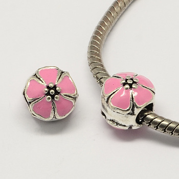 Alloy Enamel Flower Large Hole Style European Beads, Antique Silver, Pink, 10x11mm, Hole: 4mm