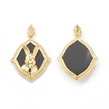 Eco-Friendly Brass Micro Pave Cubic Zirconia Pendants, with Synthetic Black Turquoise, Lead Free & Cadmium Free, Long-Lasting Plated, Rhombus with Rabbit Charm, Real 18K Gold Plated, 32.6x26x6mm, Hole: 2x7mm