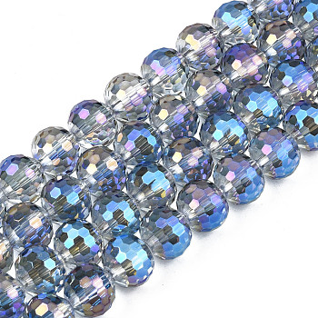 Electroplate Transparent Glass Beads Strands, Faceted, Round, Blue, 10x9mm, Hole: 1.5mm, about 72pcs/strand, 25.98 inch(66cm)